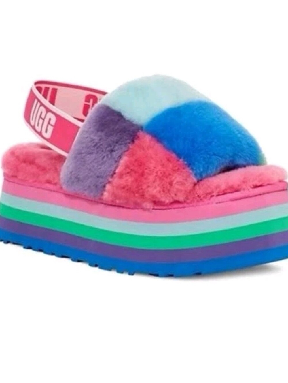 UGG Fluff Yeah Platform Multicolor Faux Fur Colorblock Women's Slippers Size 9